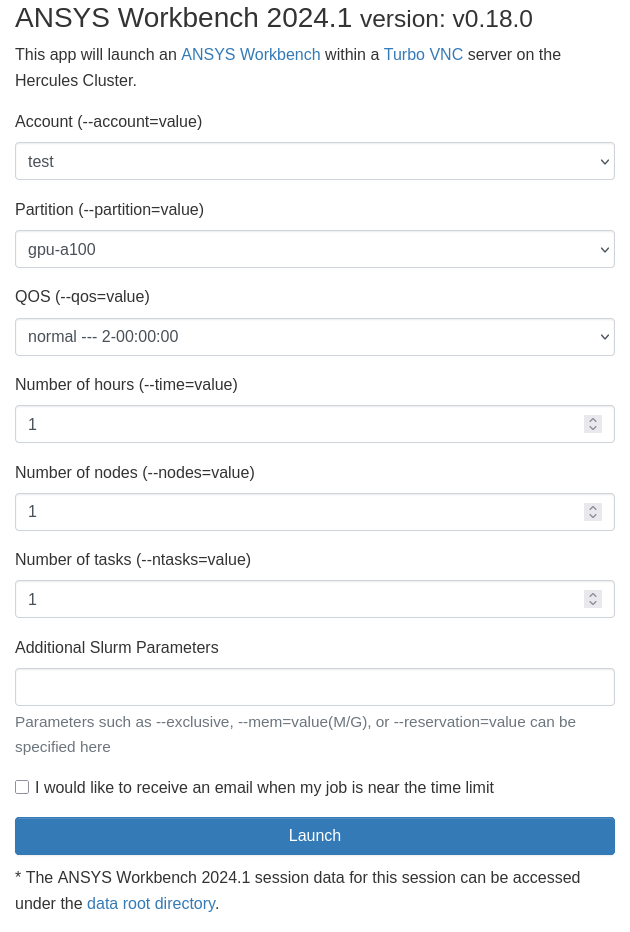 OnDemand ANSYS Workbench launch parameter selection dialog