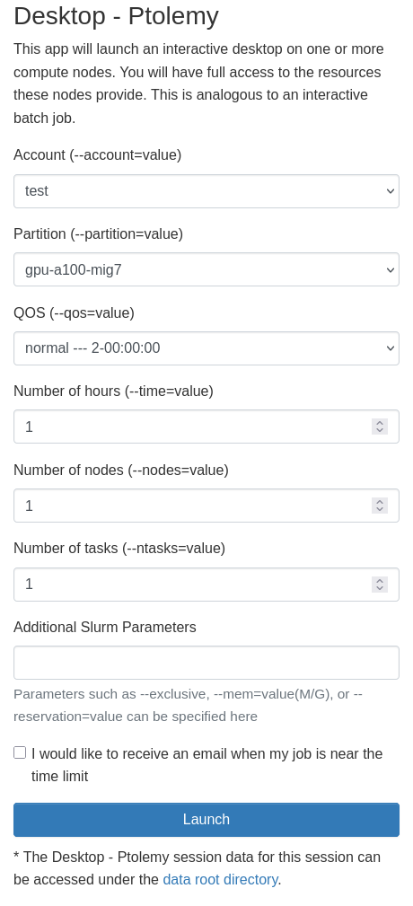 OnDemand Virtual Desktop Launch Parameter Screen