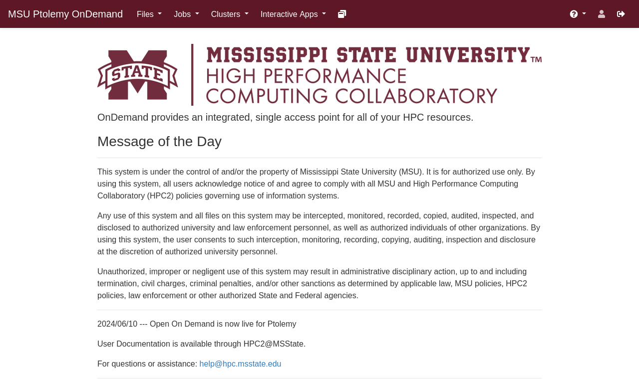 OnDemand Dashboard page with Message of The Day